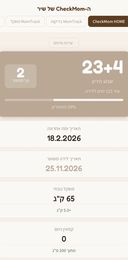 מסך הבית של CheckMom Dashboard: שבוע ההיריון, הטרימסטר, תאריך לידה משוער, משקל נוכחי וקפאין יומי
